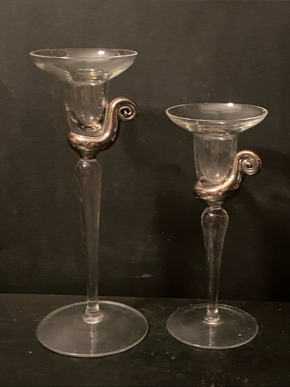 Clear Glass Candlestick Holders with Silver Scroll Accent - Set of 2